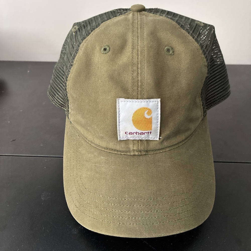 Carhartt Canvas Mesh Back Olive Green Trucker Hat Adjustable Snapback